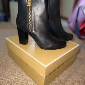 MICHAEL Michael Kors Black Heeled Boots with Gold Zipper